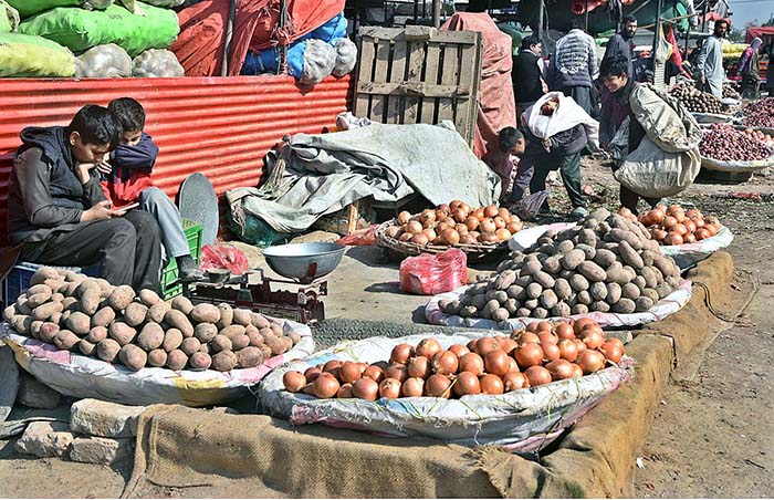 Two young vendors busy with cell phone while waiting for customers to sell potatoes and onion at Fruit and Vegetable Market.