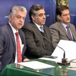 Caretaker Interior Minister Dr. Gohar Ejaz and Caretaker Federal Minister for Information Murtaza Solangi addressing important press conference about the security situation during upcoming General Elections 2024 at Ministry of Interior.