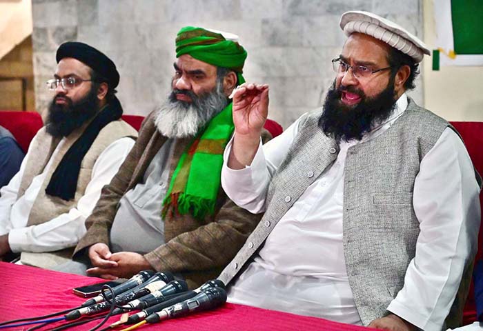 Special Assistant to the Prime Minister on Religious Harmony and Chairman Pakistan Ulema Council, Maulana Tahir Mehmood Ashrafi addressing a press conference at Maaz bin Jabal (Markazi Jamia Masjid) I-8/3.