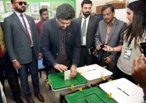 Governor Sindh Kamran Khan Tessori talking to media after casting his vote at a polling station during General Elections 2024.