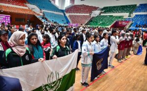 Ambassador of Kazakhstan to Pakistan, H.E. Yerzhan Kistafin addressing during opening ceremony of National Students Olympic Games-2024 at Liaquat Gymnasium, Pakistan Sports Complex.