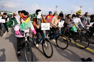People participating in PEDAL for Peace Kashmir solidarity cycle rally from D-Chowk to Islamabad Press Club organized by YFK-International Kashmir Lobby Group in collaboration with Islamabad Cycling Association