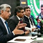 Caretaker Federal Minister for Information Murtaza Solangi and Caretaker Interior Minister Gohar Ejaz addressing a press conference at PID Media Center.