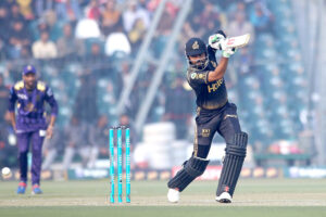 Peshawar Zalmi batter Saim Ayub runs out by Rossouw during the Pakistan Super League (PSL) Twenty20 cricket match between Peshawar Zalmi and Quetta Gladiators at the Gaddafi Cricket Stadium