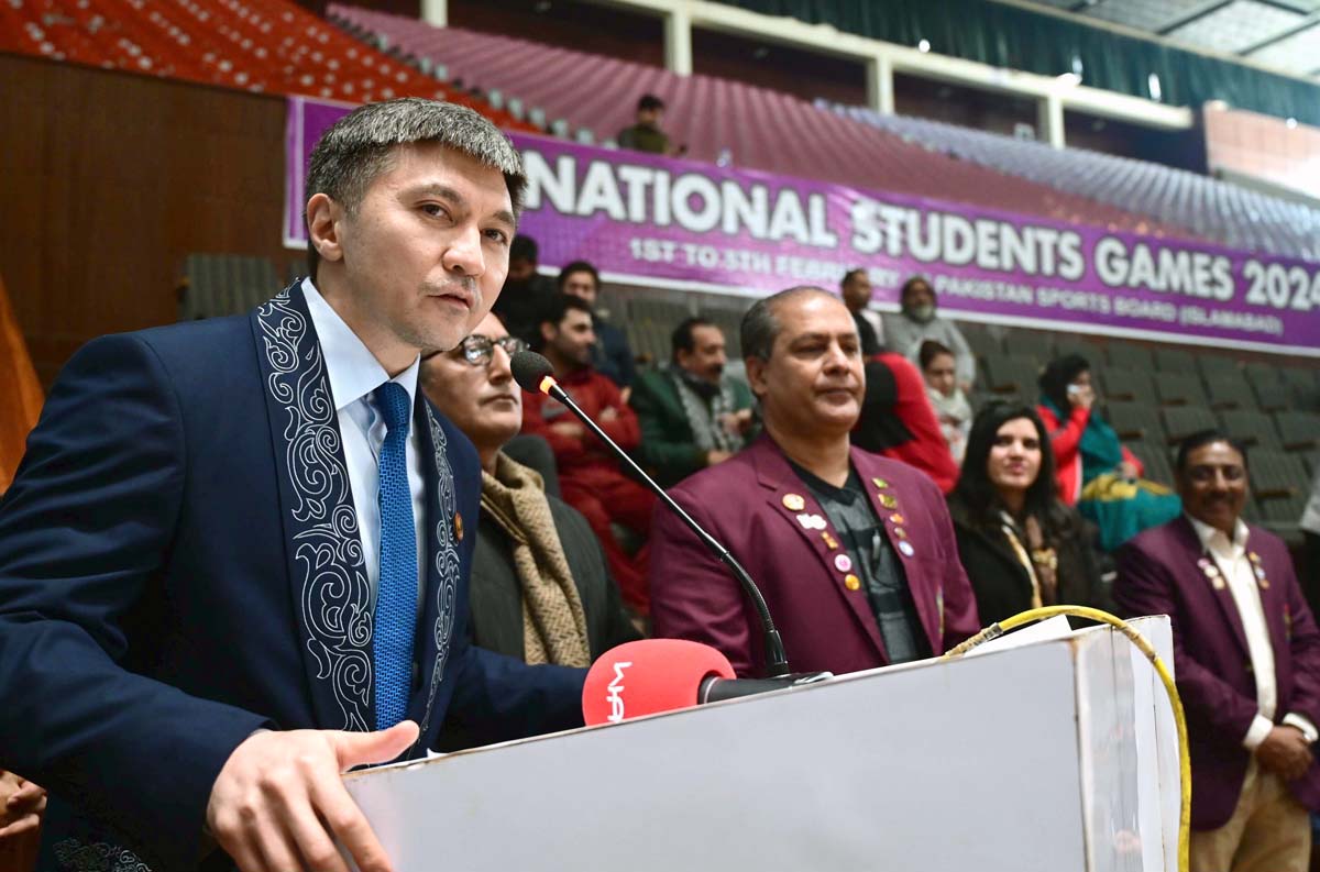 Ambassador of Kazakhstan to Pakistan, H.E. Yerzhan Kistafin addressing during opening ceremony of National Students Olympic Games-2024 at Liaquat Gymnasium, Pakistan Sports Complex.