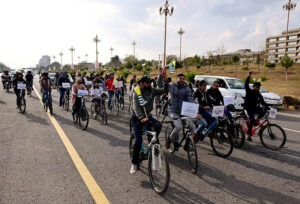 People participating in PEDAL for Peace Kashmir solidarity cycle rally from D-Chowk to Islamabad Press Club organized by YFK-International Kashmir Lobby Group in collaboration with Islamabad Cycling Association