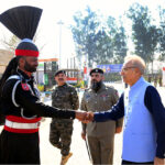 President Dr Arif Alvi greeting a soldier during his visit to Kartarpur Corridor