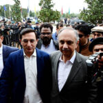 Newly elected Members of National Assembly Omar Ayub Khan and Barrister Gohar Khan arrives to attend 1st session of 16th National Assembly at Parliament House.