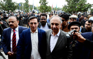 Newly elected Members of National Assembly Omar Ayub Khan and Barrister Gohar Khan arrives to attend 1st session of 16th National Assembly at Parliament House.