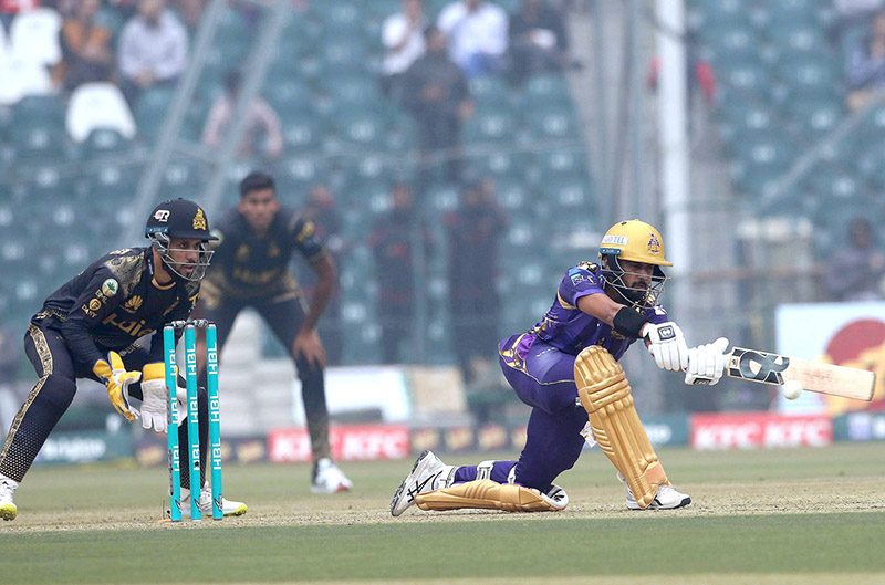 Peshawar Zalmi batter Saim Ayub runs out by Rossouw during the Pakistan Super League (PSL) Twenty20 cricket match between Peshawar Zalmi and Quetta Gladiators at the Gaddafi Cricket Stadium