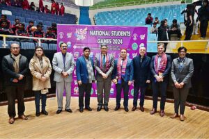 Ambassador of Kazakhstan to Pakistan, H.E. Yerzhan Kistafin addressing during opening ceremony of National Students Olympic Games-2024 at Liaquat Gymnasium, Pakistan Sports Complex.
