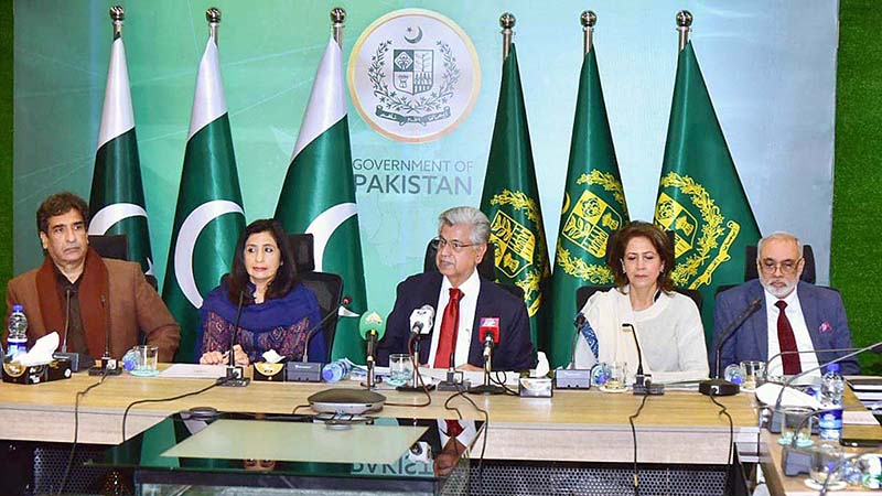 Mr.Murtaza Solangi, Federal Ministers for Information and Broadcasting addressing a press conference along with Special Secretary ECP, DG Political Finance, Spokesperson MoFA, EDG External Publicity Wing and PIO, MOIB