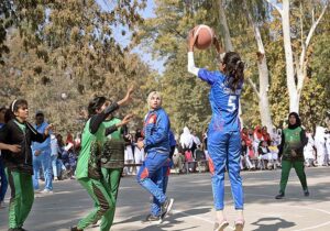 A view of basketball match played between Government Post Graduate College Chandni Chowk and Punjab College teams during Inter Colleges Basketball Tournament organized by Sargodha Education Board at Government Post Graduate College Chandni Chowk.