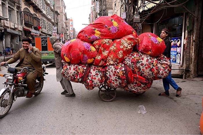 Laborers carrying quilts on his delivery cart for selling purpose in the local market.