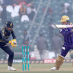 Quetta Gladiators batter Jason Roy playing shot during the Pakistan Super League (PSL) Twenty20 cricket match between Peshawar Zalmi and Quetta Gladiators at the Gaddafi Cricket Stadium