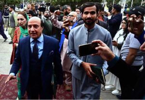 Newly elected Members of National Assembly Omar Ayub Khan and Barrister Gohar Khan arrives to attend 1st session of 16th National Assembly at Parliament House.