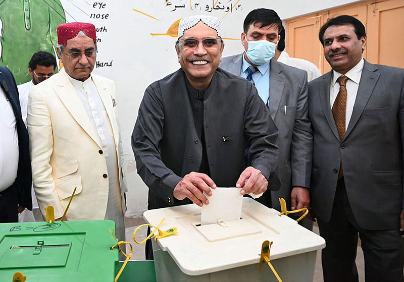 Former President of Pakistan and President PPPP Asif Ali Zardari cast his vote in a polling station during General Elections-2024
