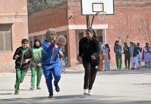 A view of basketball match played between Government Post Graduate College Chandni Chowk and Punjab College teams during Inter Colleges Basketball Tournament organized by Sargodha Education Board at Government Post Graduate College Chandni Chowk.