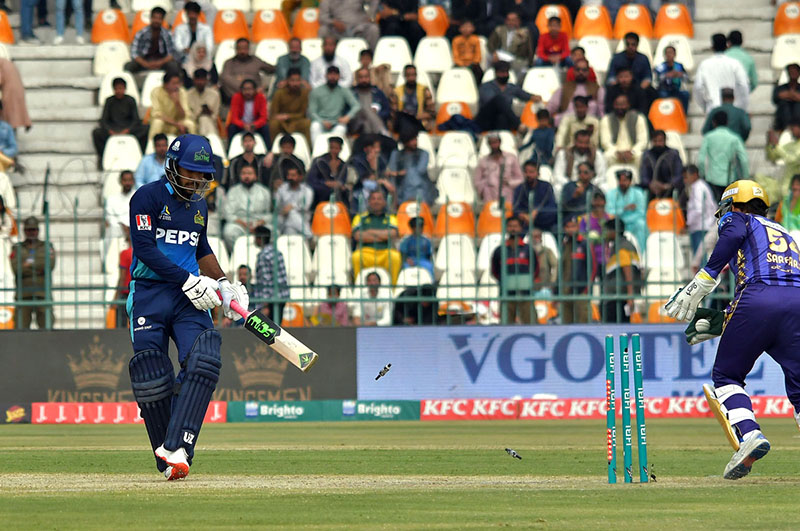 Quetta Gladiators wicketkeeper Sarfraz Ahmed successfully stump out attempts to the Multan Sultans batter Usman Khan during the PSL-9 T20 cricket match between Multan Sultans and Quetta Gladiators at the Multan Cricket Stadium