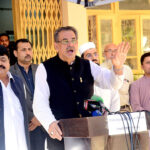 The Caretaker Federal Minister for Religious Affairs and Interfaith Harmony Aneeq Ahmed talking to media persons.