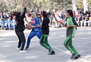 A view of basketball match played between Government Post Graduate College Chandni Chowk and Punjab College teams during Inter Colleges Basketball Tournament organized by Sargodha Education Board at Government Post Graduate College Chandni Chowk.