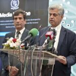 Caretaker Federal Minister for Information & Broadcasting, Murtaza Solangi addressing during launching ceremony of Media Helpline app at Press Information Department