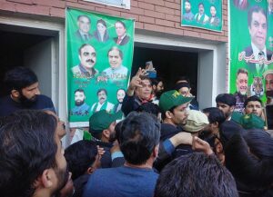 PML-N candidate Hanif Abbsi reacts to the supporters celebrating the success of securing the National Assembly seat NA-56 Rawalpindi according to unofficial result.