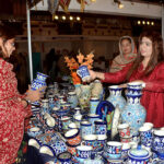 Visitors taking interest in the displayed stuff on a stall during the Bleu fair organized by the Women Chamber of Commerce