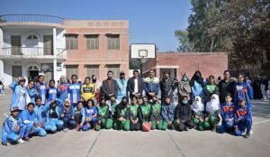 A view of basketball match played between Government Post Graduate College Chandni Chowk and Punjab College teams during Inter Colleges Basketball Tournament organized by Sargodha Education Board at Government Post Graduate College Chandni Chowk.