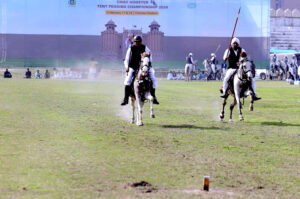 A tent pegger successfully gets the peg at the Chief Minister Tent Pegging Championship 2024 organized by PHA