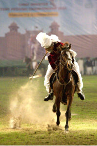 A tent pegger aiming his target in the Chief Minister Tent Pegging Championship 2024 organized by PHA