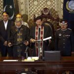 Speaker KP assembly Mushtaq Ghani administers oath to newly elected speaker Babar Saleem Swati.