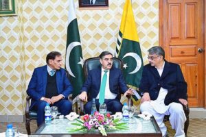 Prime Minister Azad Jammu and Kashmir Chauhdary Anwar ul Haq and Speaker Legislative Assembly Azad Jammu and Kashmir, Chauhdary Lateef Akbar called on Caretaker Prime Minister Anwaar-ul-Haq Kakar in Muzaffarabad