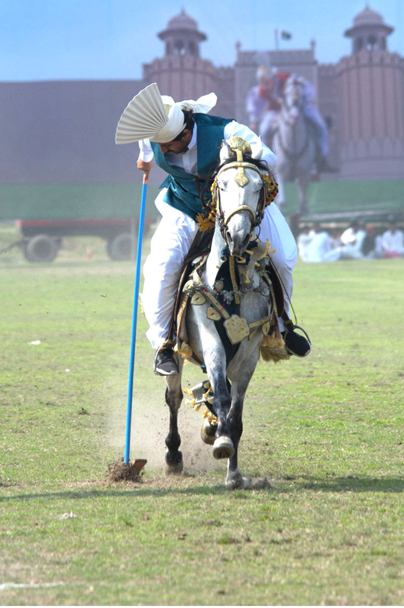 A tent pegger aiming his target in the Chief Minister Tent Pegging Championship 2024 organized by PHA