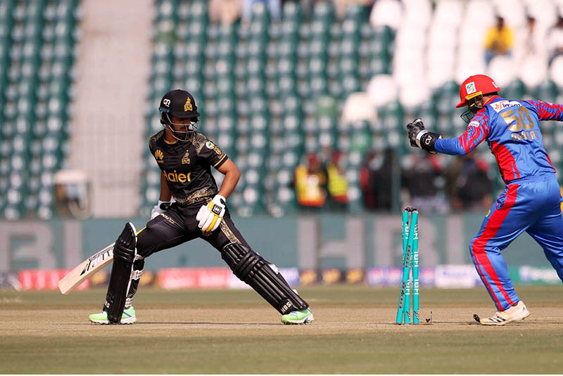 Peshawar Zalmi batter Babar Azam playing a shot during the Pakistan Super League (PSL 9) Twenty20 cricket match between Karachi Kings and Peshawar Zalmi at the Gaddafi Cricket Stadium