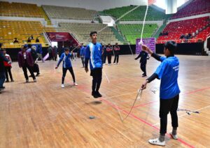 Players showing their skills during opening ceremony of National Students Olympic Games-2024 at Liaquat Gymnasium, Pakistan Sports Complex.