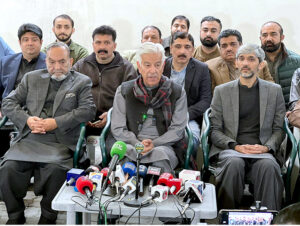 Former Minister Defence Khawaja Asif, addressing media persons at his residence at cantt