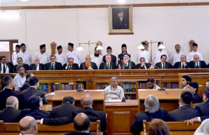 Chief Justice Sindh High Court Mr. Justice Aqeel Ahmed Abbasi speaking during Full Court Reference on the eve of retirement of Mr. Justice Nadeem Akhtar Honable Senior Puisne Judge Sindh High Court at the Court room of high court of Sindh Karachi.
