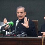 PML-N President Mian Shehbaz Sharif addressing a press conference at Model Town.