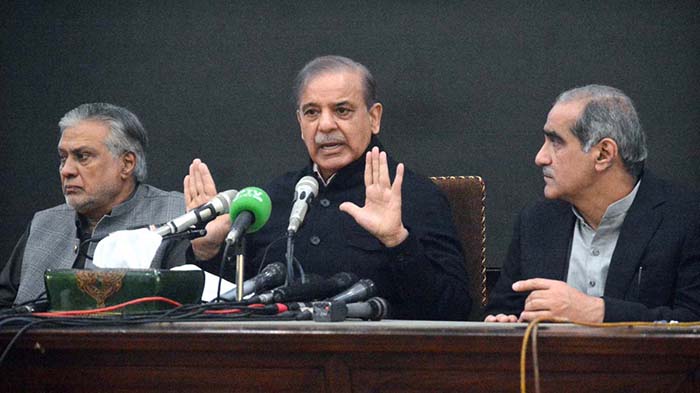 PML-N President Mian Shehbaz Sharif addressing a press conference at Model Town.