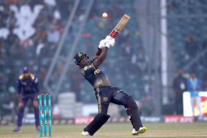 Peshawar Zalmi batter, Dan Musley playing shot during the Pakistan Super League (PSL) Twenty20 cricket match between Peshawar Zalmi and Quetta Gladiators at the Gaddafi Cricket Stadium