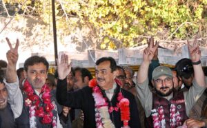 Pakistan People’s Party candidates from NA-148, Multan-I, Syed Yusuf Raza Gilani, NA-151, Multan-IV, Syed Ali Musa Gilani, and PP-213, Syed Ali Haider Gilani gesture to the supporters after winning their constituencies in the General Election according to unofficial results. 