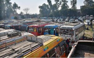 A view of large number of vehicles for delivering polling material in polling stations for General Elections 2024. 