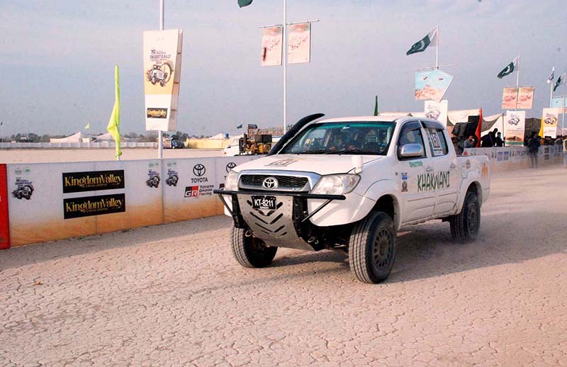 Racing jeep in action during the race of 19th PTDC Cholistan Desert Jeep Rally 2024