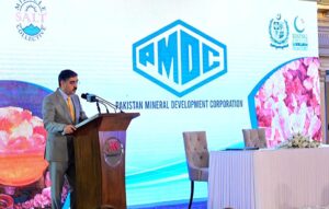 Caretaker Prime Minister Anwaar-ul-Haq Kakar addresses the signing ceremony of the joint venture between Pakistan Mineral Development Corporation and Miracle Saltworks Collective Inc. (USA) for the value addition and export of pink salt.