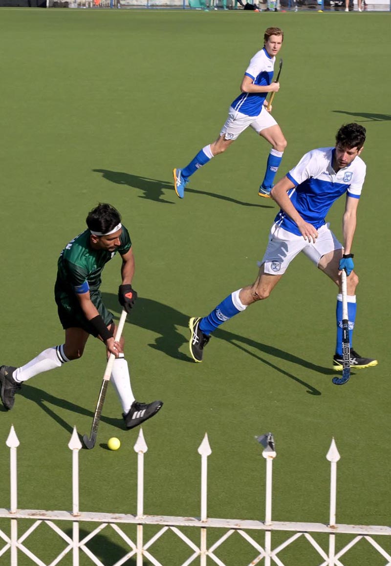 Players in action during HEC-PMYP V/S The Dutch Club teams during Welkom Oldenzaalse Hockey Club Hockey Talent hunt youth sports league organized by Pakistan Prime Minister" Youth Program at sports Complex