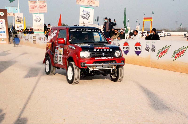 Racing jeep in action during the race of 19th PTDC Cholistan Desert Jeep Rally 2024