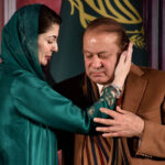 Newly-elected Chief Minister Punjab Maryam Nawaz gives congratulatory hug to her Father Former Prime Minister Nawaz Shareef after taking oath at Governor House