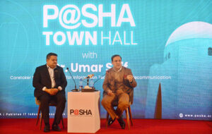 The Caretaker Federal Minister for Information Technology and Telecommunication Dr. Umar Saif speaking during Town Hall programme of Pakistan Software Houses Association (P@sha) at a local hotel.