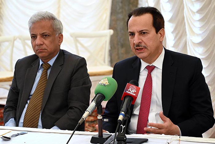 Caretaker Federal Minister for Health Dr Nadeem Jan along with Chief Executive officer Drug Regulatory Authority of Pakistan Asim Rauf talking to media during inauguration Expansion & Revamping ceremony of Chemicals & API Manufacturing Facility Drug Pharma Chemicals (PVT) LTD.